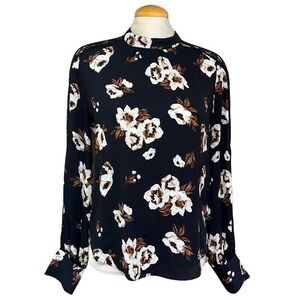 RW & Co. Women's Long Sleeve Black Floral Blouse Lace Sleeves Size Medium